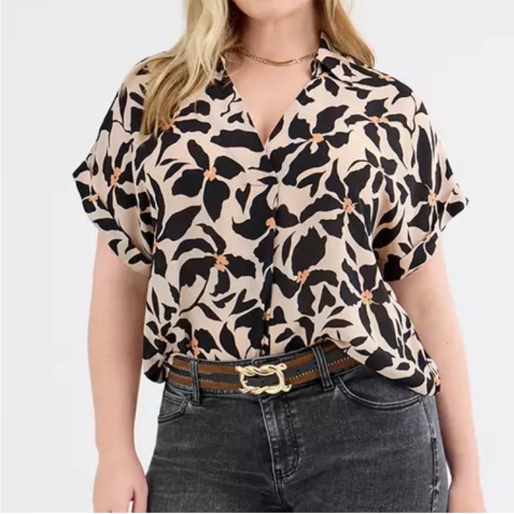 CAbi Replay Top Black Floral Blouse on Cream